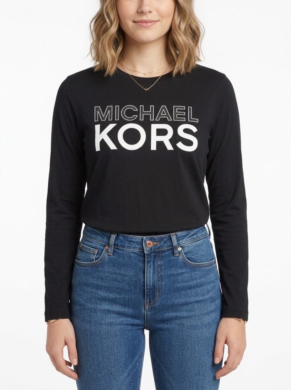 Michael Kors Womens Long Sleeve Crewneck Graphic T-Shirt Cotton Black Size S